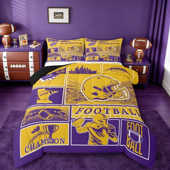 jejeloiu American Rugby City Twin Comforter Sets,Yellow Purple Checkered Bedding Set For Men Women Reversible 2pcs
