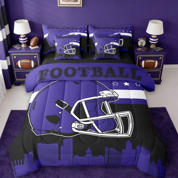 jejeloiu American Rugby Football 7pcs Bedding Comforter Set,Purple Black Queen Bedding Sets For Boys Teens Reversible