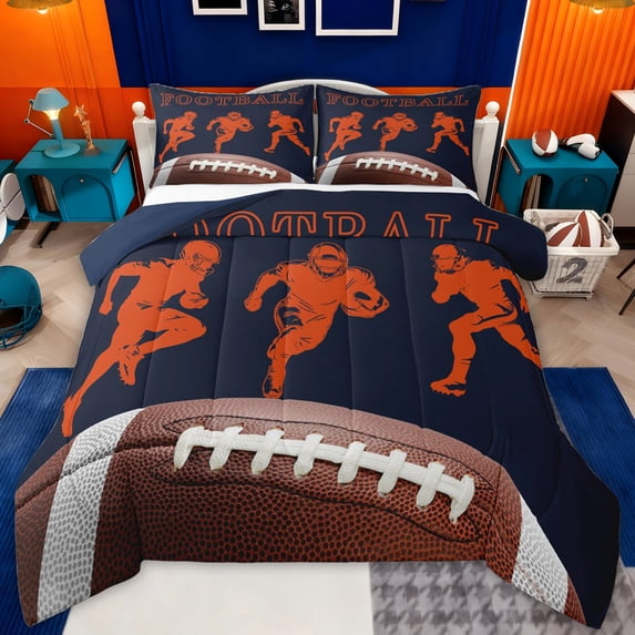 jejeloiu American Rugby Gamer Queen Comforter Set,Brown Football Bedding Comforter Set For Teens Reversible 3pcs