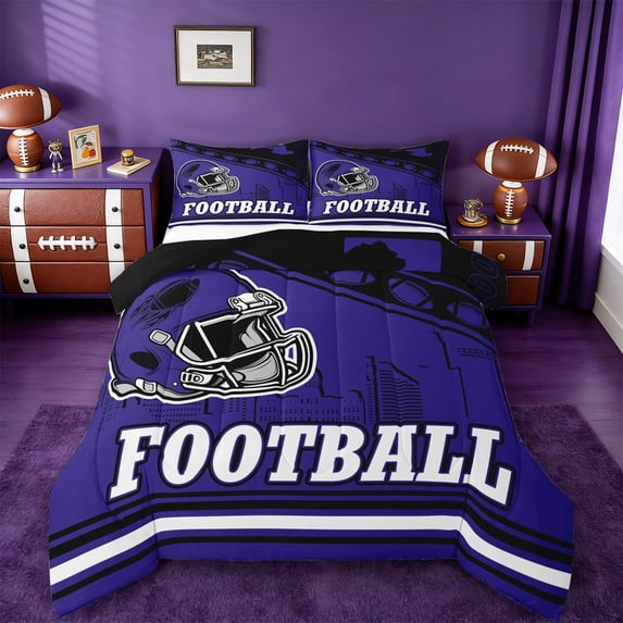 jejeloiu American Rugby Games Queen Comforter Set,Purple Black Bedding Comforter Set For Football Lover Reversible 3-Piece
