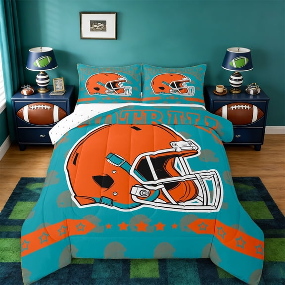 jejeloiu American Rugby Games Twin Comforter Sets,Cyan Orange Bedding Set For Boys Kids Reversible 2pcs