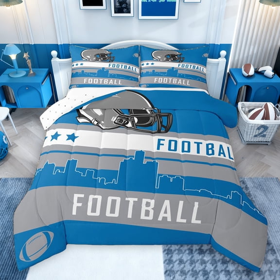 jejeloiu American Rugby Helmet Bedding Comforter Set,Football Game Twin Comforter Sets,White Gray Blue Bedding Set For Men Women,Microfiber Bedroom Decor Reversible,2 Pieces