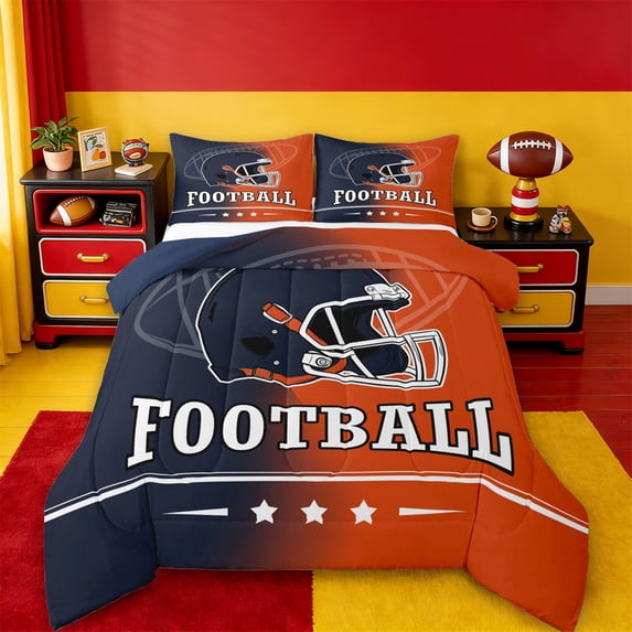 jejeloiu American Rugby Sport Full Size Comforter Sets,Orange Deepblue Ombre Bedding Sets For Teens Reversible 3-Piece