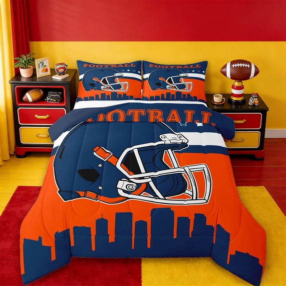 jejeloiu American Rugby Sport Queen Comforter Set,Deepblue Orange Bedding Comforter Set For Ball Lover Reversible 3-Piece