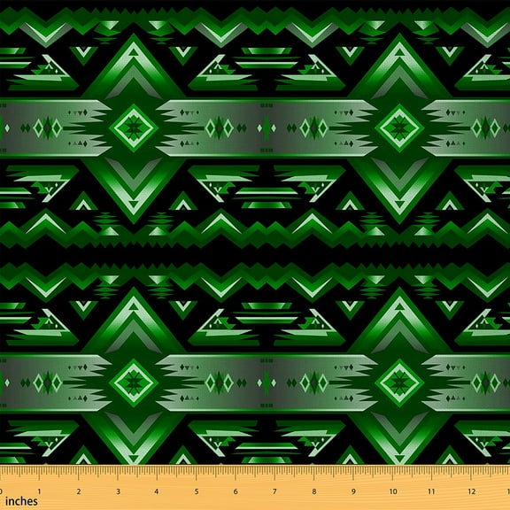 jejeloiu Ancient Aztec Geometric Fabric by the Yard 1 Yard,Boho Bohemian Theme Home Decor Fabric by the Yard,Green Geometric Lines Sewing Fabric,Breathable Home Decor