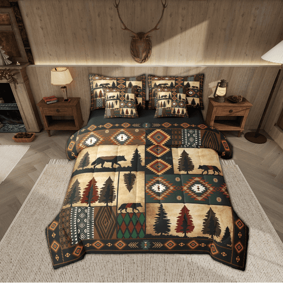 jejeloiu Ancient Aztec Print Bedding Comforter Set 7pcs,Jungle Wildlife Wolf Queen Bedding Sets,Patchwork Geometric Plaid Queen Sheet Sets For Boys Teens,Luxury Bedroom Decor Reversible