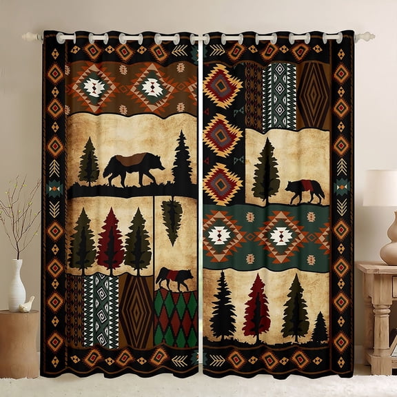 jejeloiu Ancient Aztec Print Black Out Curtains,Jungle Wildlife Wolf Curtains Pack of 2 (42x63 Each),Patchwork Geometric Plaid Bedroom Curtains For Boys Teens,Luxury Bedroom Decor