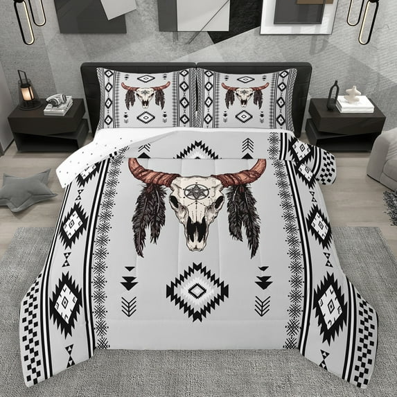 jejeloiu Ancient Aztec Print Queen Comforter Set,Vintage Geometric Thombus Bedding Sets,Farmhouse Bull Skull Bedding Comforter Set For Adults,Ultra Soft Home Decor Reversible,3pcs
