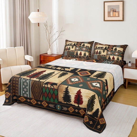 jejeloiu Ancient Aztec Print Twin Sheet Sets,Jungle Wildlife Wolf Twin Fitted Sheet,Patchwork Geometric Plaid Flat Sheet For Boys Teens,Luxury Bedroom Decor,3pcs