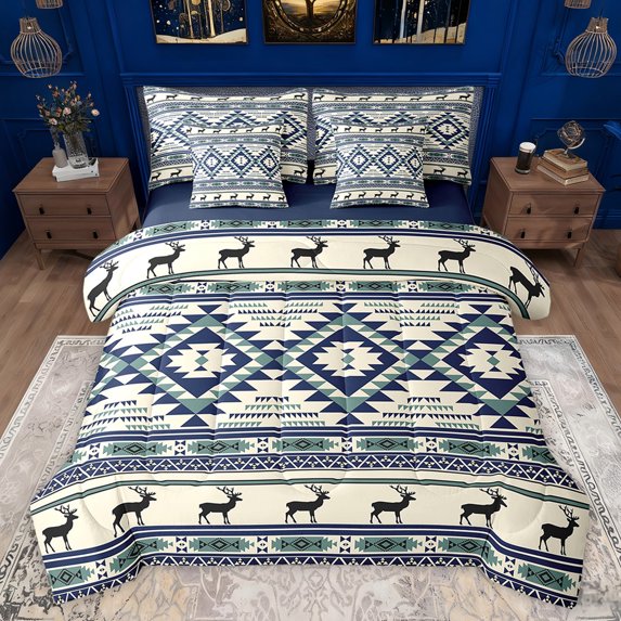 jejeloiu Ancient Aztec Theme 7-Piece Bedding Comforter Set,Retro Geometric Rhombus King Bedding Sets,Beige Blue Bed Sheets For Kids,Breathable Home Decor Reversible