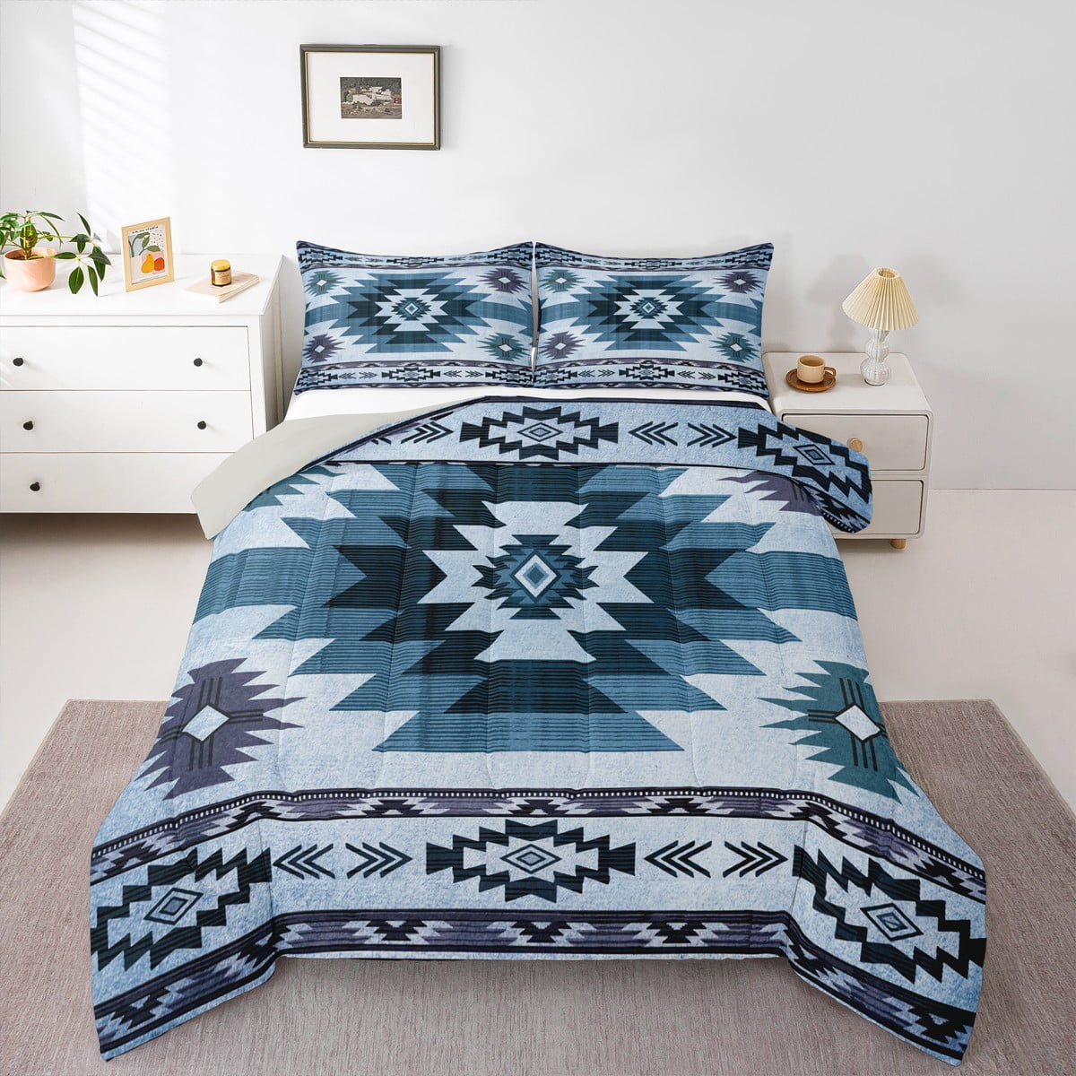 jejeloiu Ancient Aztec Theme Bedding Comforter Set,Cyan Geometric ...