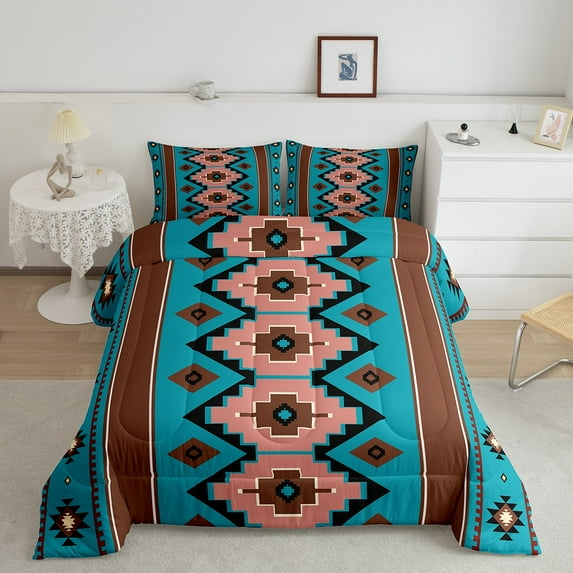 jejeloiu Ancient Aztec Theme Queen Comforter Set,Boho Bohemain Geometric Bedding Sets,Cyan Brown Bedding Comforter Set For Men Women,Microfiber Bedroom Decorative Reversible,3-Piece