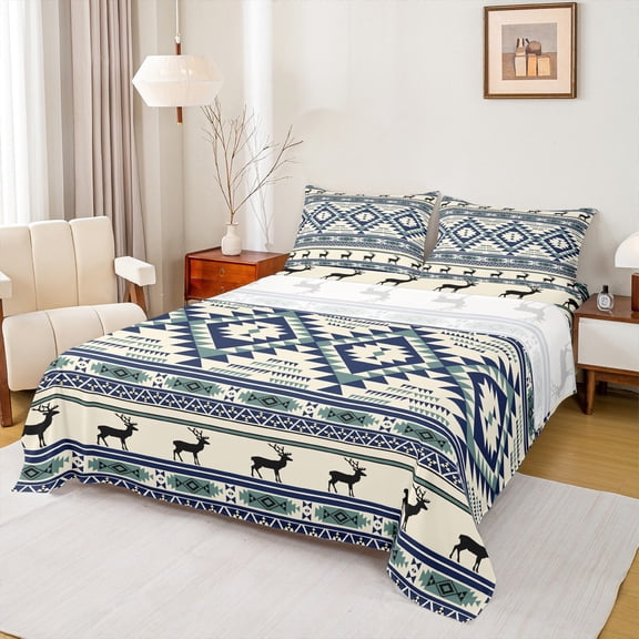 jejeloiu Ancient Aztec Theme Queen Sheet Sets,Retro Geometric Rhombus Flat Sheet,Beige Blue Queen Fitted Sheet For Kids,Breathable Home Decor,4-Piece