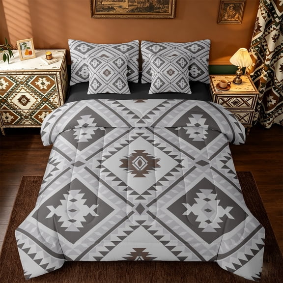 jejeloiu Ancient Bohemian Aztec 7-Piece Twin Bedding Sets,Boho Exotic Style Bedding Comforter Set,Gray Rhombus Triangle Sheet Sets For Men Women,Breathable Home Decor Reversible