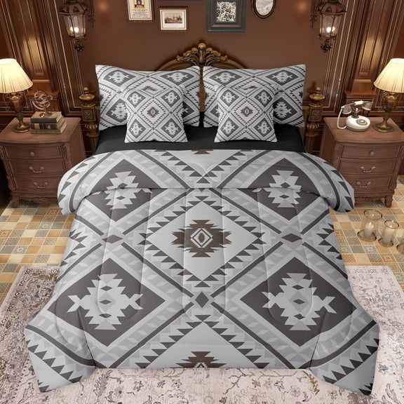 jejeloiu Ancient Bohemian Aztec 7-Piece Twin Bedding Sets,Boho Exotic Style Bedding Comforter Set,Gray Rhombus Triangle Sheet Sets For Men Women,Breathable Home Decor Reversible