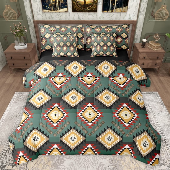 jejeloiu Ancient Bohemian Aztec 7-Piece Twin Bedding Sets,Rustic Western Tribal Bedding Comforter Set,Green Brown Red Sheet Sets For Adults,Microfiber Bedroom Decor Reversible