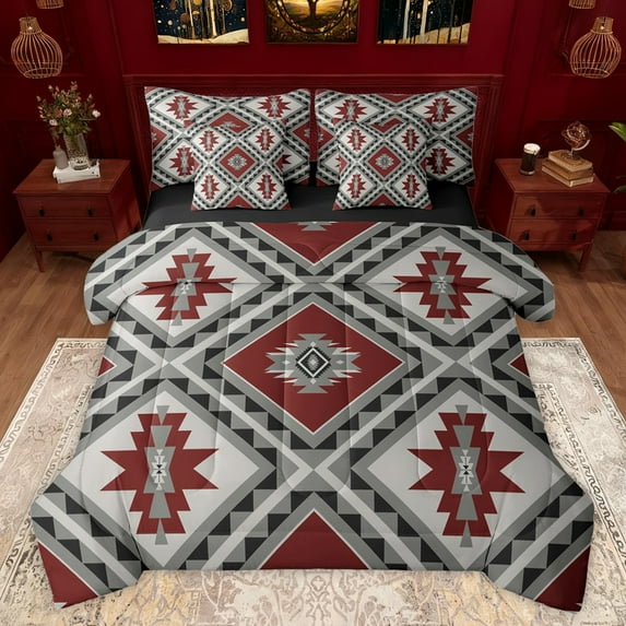 jejeloiu Ancient Bohemian Aztec 7-Piece Twin Bedding Sets,Rustic Western Tribal Bedding Comforter Set,Red Gray Sheet Sets For Adults,Microfiber Bedroom Decor Reversible