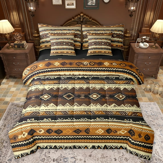 jejeloiu Ancient Bohemain Aztec 7-Piece Twin Bedding Sets,Vintage Geometric Print Bedding Comforter Set,Brown Beige Sheet Sets For Men Women,Super Cozy Room Decor Reversible