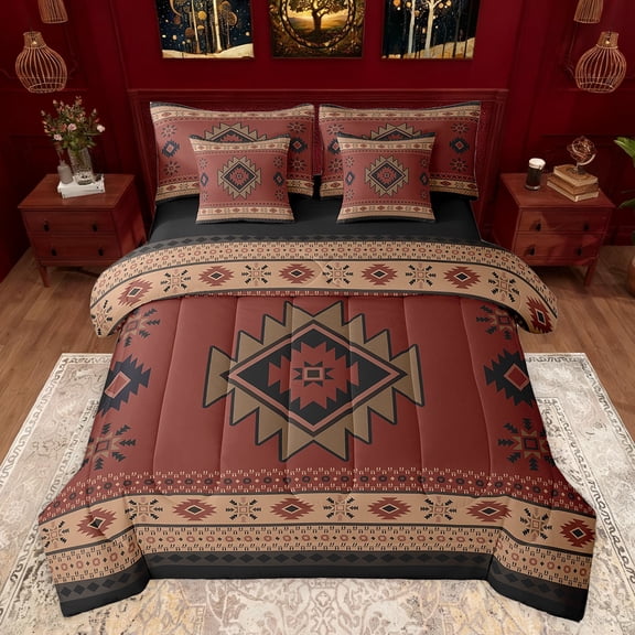 jejeloiu Ancient Bohemian Aztec 7 Pieces Bedding Comforter Set,Boho Exotic Style Full Bedding Set,Red Brown Fitted Sheet Flat Sheet For Men Women,Breathable Home Decor Reversible