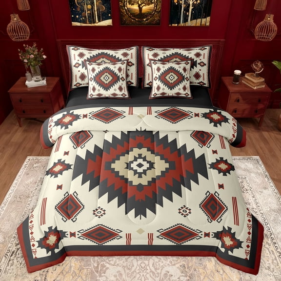 jejeloiu Ancient Bohemian Aztec 7pcs Bedding Comforter Set,Boho Exotic Style Queen Bedding Sets,Beige Red Black Queen Sheet Sets For Men Women,Breathable Home Decor Reversible