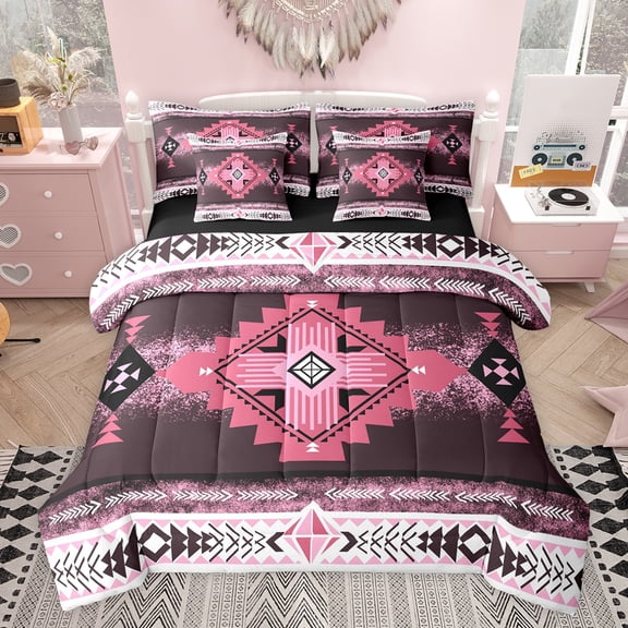 jejeloiu Ancient Bohemian Aztec 7pcs Bedding Comforter Set,Boho Exotic Style Queen Bedding Sets,Pink White Queen Sheet Sets For Men Women,Breathable Home Decor Reversible
