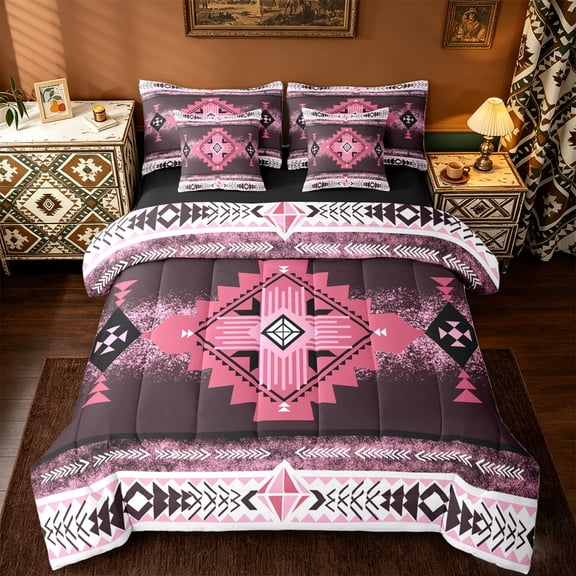 jejeloiu Ancient Bohemian Aztec 7pcs Bedding Comforter Set,Boho Exotic Style Queen Bedding Sets,Pink White Queen Sheet Sets For Men Women,Breathable Home Decor Reversible