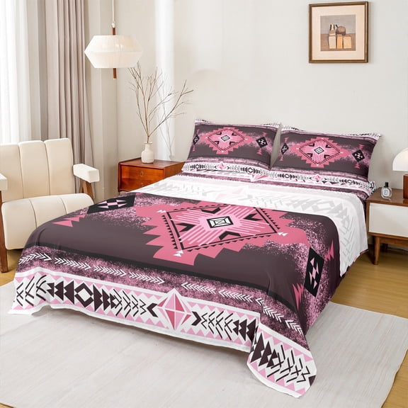 jejeloiu Ancient Bohemian Aztec Bed Sheets,Boho Exotic Style King Sheets,Pink White Sheet Set For Men Women,Breathable Home Decor,4-Piece