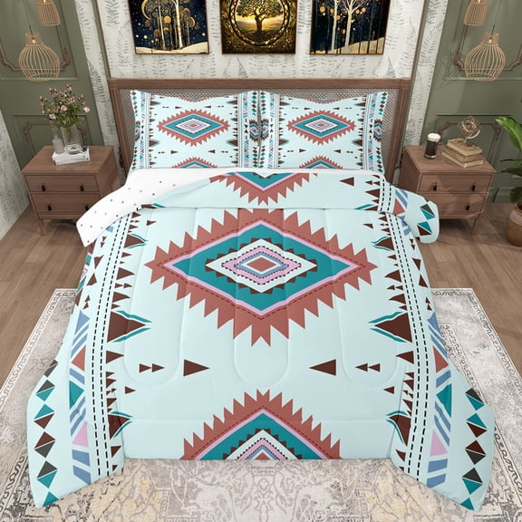 jejeloiu Ancient Bohemian Aztec Queen Comforter Set,Boho Exotic Style Bedding Sets,Blue Brown Bedding Comforter Set For Men Women,Breathable Home Decor Reversible,3-Piece