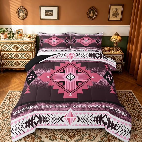 jejeloiu Ancient Bohemian Aztec Queen Comforter Set,Boho Exotic Style Bedding Sets,Pink White Bedding Comforter Set For Men Women,Breathable Home Decor Reversible,3pcs