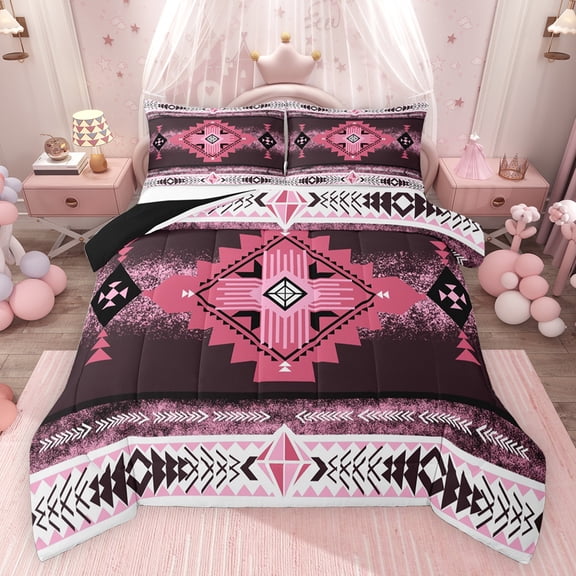 jejeloiu Ancient Bohemian Aztec Queen Comforter Set,Boho Exotic Style Bedding Sets,Pink White Bedding Comforter Set For Men Women,Breathable Home Decor Reversible,3pcs