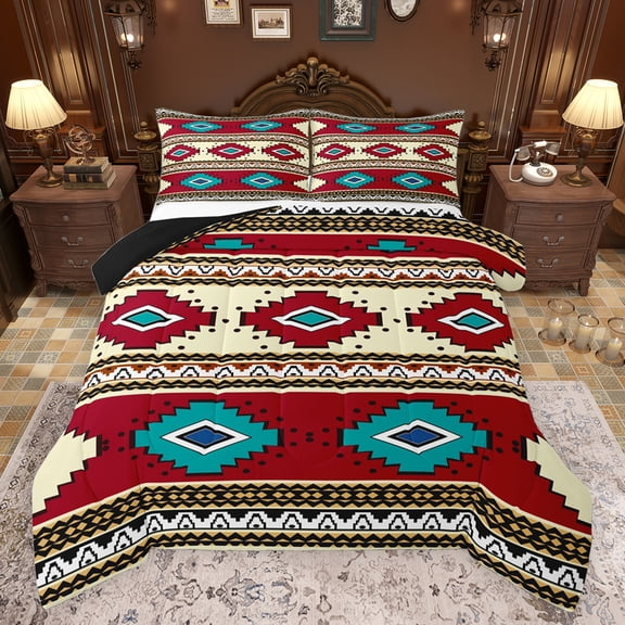 jejeloiu Ancient Bohemian Aztec Queen Comforter Set,Boho Exotic Style Bedding Sets,Red Beige Cyan Bedding Comforter Set For Men Women,Breathable Home Decor Reversible,3-Piece