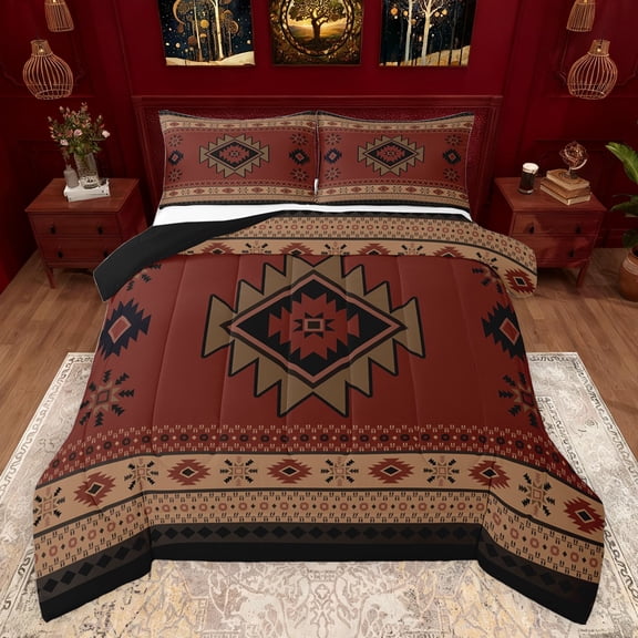 jejeloiu Ancient Bohemian Aztec Queen Comforter Set,Boho Exotic Style Bedding Sets,Red Brown Bedding Comforter Set For Men Women,Breathable Home Decor Reversible,3-Piece