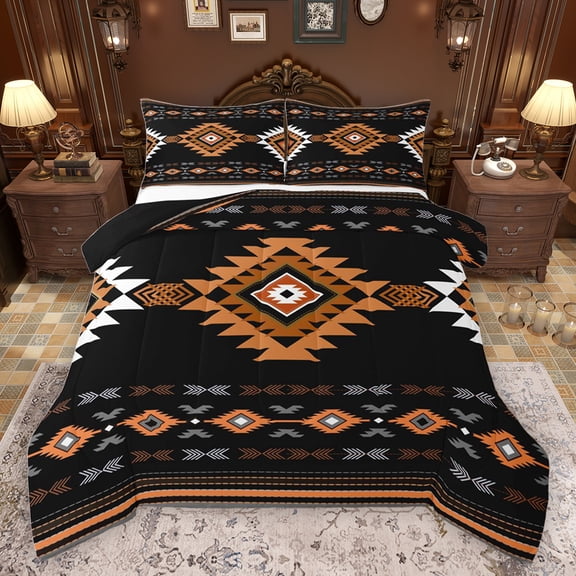 jejeloiu Ancient Bohemian Aztec Queen Comforter Set,Rustic Western Tribal Bedding Sets,Orange Black Bedding Comforter Set For Adults,Microfiber Bedroom Decor Reversible,3 Pieces