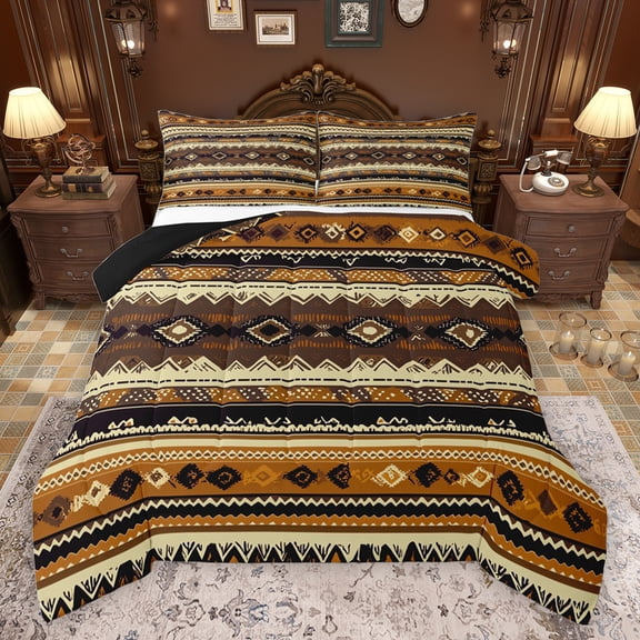 jejeloiu Ancient Bohemian Aztec Queen Comforter Set,Vintage Geometric Print Bedding Sets,Brown Beige Bedding Comforter Set For Men Women,Super Cozy Room Decor Reversible,3 Pieces