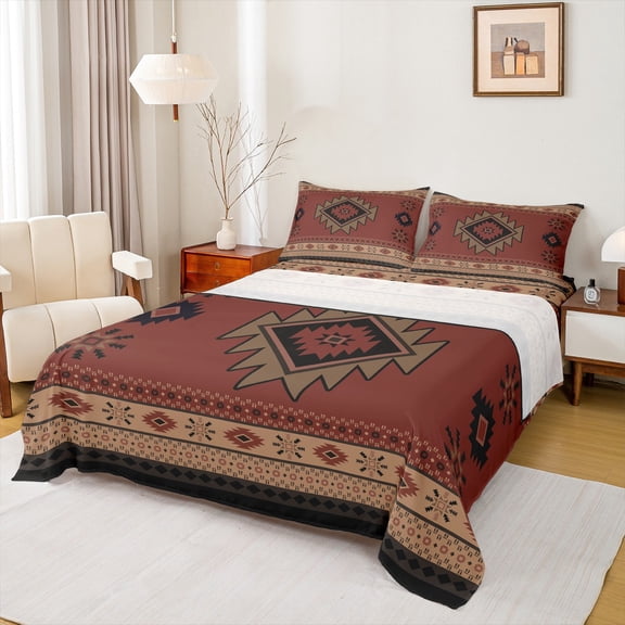 jejeloiu Ancient Bohemian Aztec Queen Sheet Sets,Boho Exotic Style Flat Sheet,Red Brown Queen Fitted Sheet For Men Women,Breathable Home Decor,4-Piece