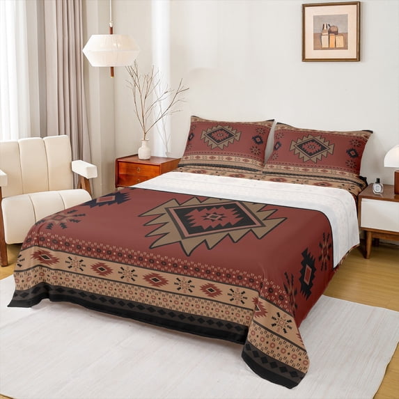 jejeloiu Ancient Bohemian Aztec Queen Sheet Sets,Boho Exotic Style Flat Sheet,Red Brown Queen Fitted Sheet For Men Women,Breathable Home Decor,4-Piece
