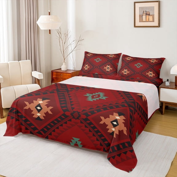 jejeloiu Ancient Bohemian Aztec Queen Sheet Sets,Boho Exotic Style Flat Sheet,Vintage Rhombus Print Queen Fitted Sheet For Men Women,Breathable Home Decor,4-Piece