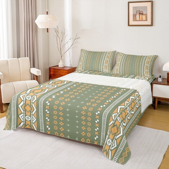 jejeloiu Ancient Bohemian Aztec Queen Sheet Sets,Geometric Floral Print Flat Sheet,Green Orange Queen Fitted Sheet For Men Women,Super Cozy Room Decor,4 Pieces
