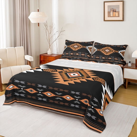 jejeloiu Ancient Bohemian Aztec Queen Sheet Sets,Rustic Western Tribal Flat Sheet,Orange Black Queen Fitted Sheet For Adults,Microfiber Bedroom Decor,4 Pieces