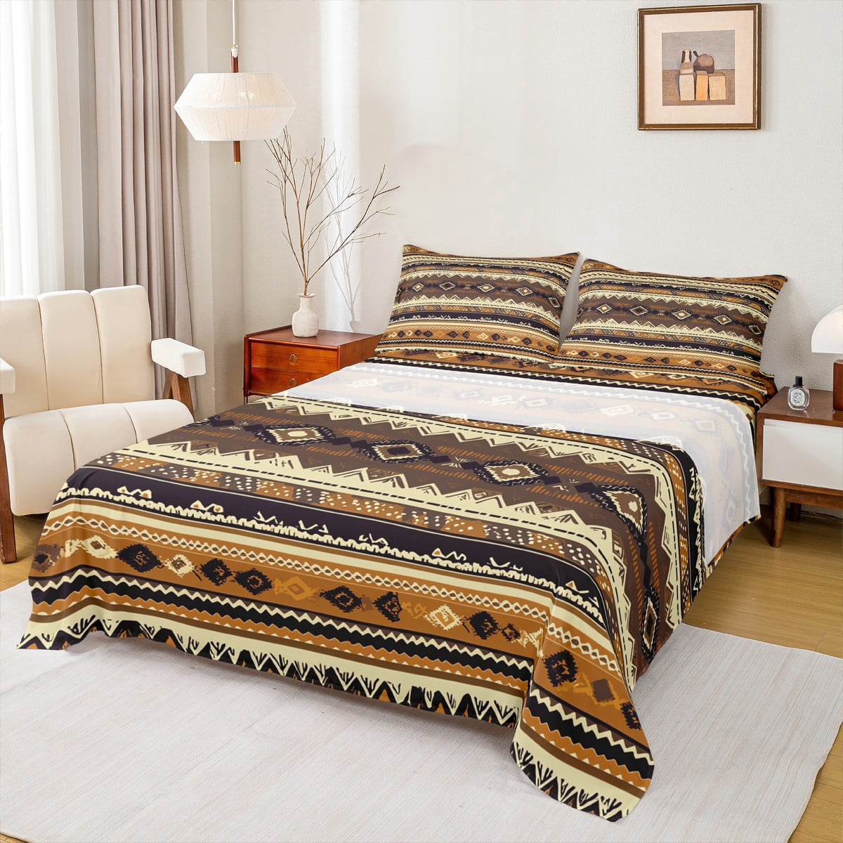 jejeloiu Ancient Bohemian Aztec Queen Sheet Sets,Vintage Geometric ...