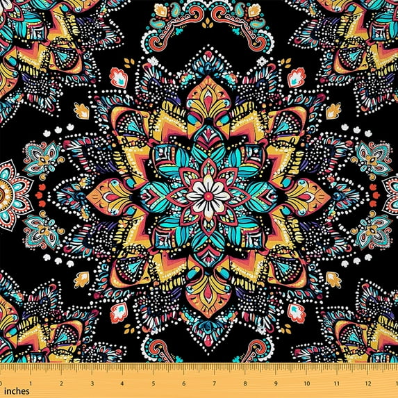 jejeloiu Ancient Bohemian Floral Fabric by the Yard 3 Yards,Mandala Flower Buttey Sewing Fabric,Black Porange Cyan Fabric for Sewing For Adults,Ultra Soft Home Decor