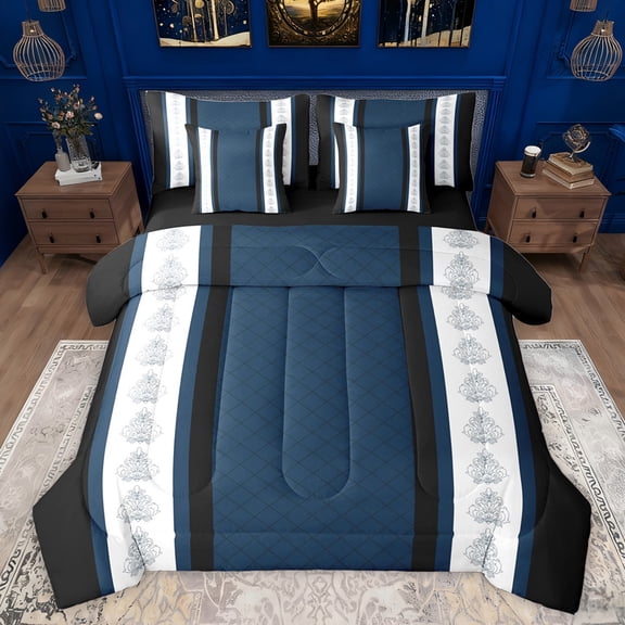 jejeloiu Ancient Bohemian Flowers 7-Piece Bedding Comforter Set,Rhombus Stripes Geometric King Bedding Sets,Deepblue White Black Bed Sheets For Adults,Breathable Home Decor Reversible