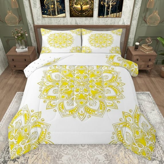 jejeloiu Ancient Bohemian Flowers Bedding Comforter Set,Retro Mandala Print Twin Comforter Sets,Yellow White Bedding Set For Adults,Breathable Home Decor Reversible,2 Pieces