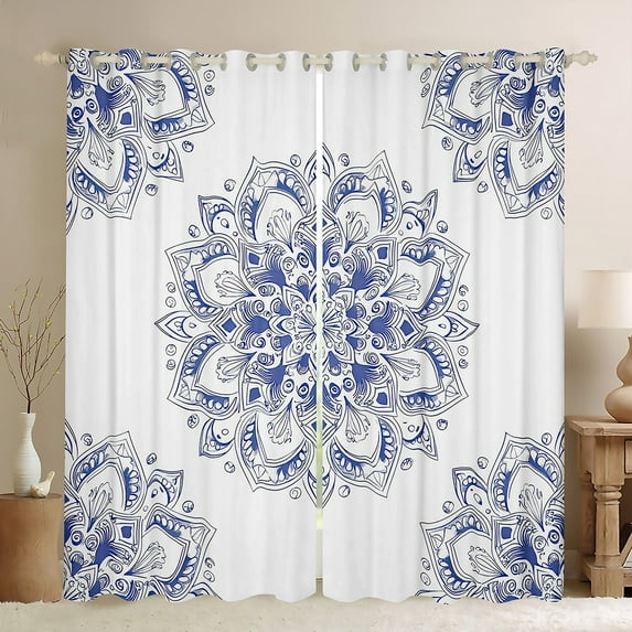 jejeloiu Ancient Bohemian Flowers Blackout Curtains Set of 2 (52x84 Each),Retro Mandala Print Window Curtains,Blue White Curtains and Drapes For Adults,Breathable Home Decor
