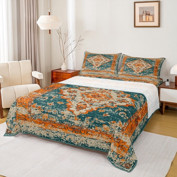jejeloiu Ancient Bohemian Flowers Full Size Sheets,Retro Batik Flowers Bed Sheets,Orange Teal Sheet Sets For Adults,Breathable Home Decor,4 Pieces