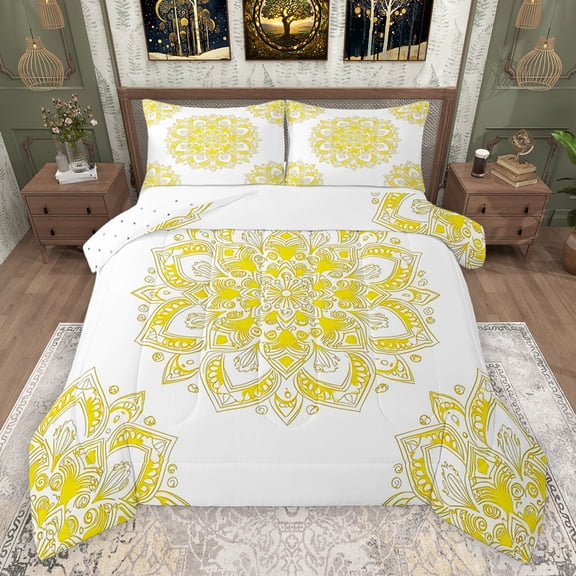 jejeloiu Ancient Bohemian Flowers Queen Comforter Set,Retro Mandala Print Bedding Sets,Yellow White Bedding Comforter Set For Adults,Breathable Home Decor Reversible,3-Piece