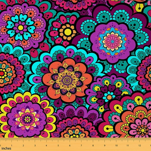 jejeloiu Ancient Bohemain Print Fabric by the Yard 1 Yard,Vintage Mandala Theme Home Decor Fabric by the Yard,Colorful Boho Theme Sewing Fabric For Adults,Ultra Soft Home Decor