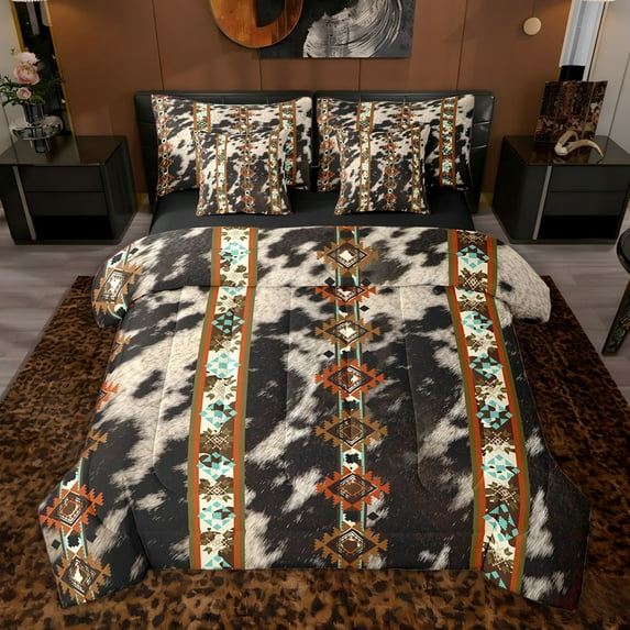 jejeloiu Ancient Bohemian Aztec 7pcs Bedding Comforter Set,Vintage Cattle Hide Queen Bedding Sets For Boys Men Reversible
