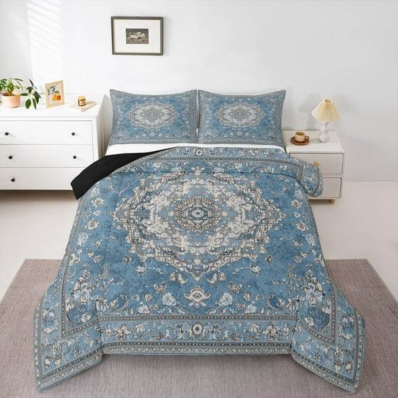 jejeloiu Ancient Bohemian Flower Bedding Comforter Set,Watercolor Mandala Twin Comforter Sets,Blue Gray Bedding Set For Men Women,Luxury Bedroom Decor Reversible,2-Piece