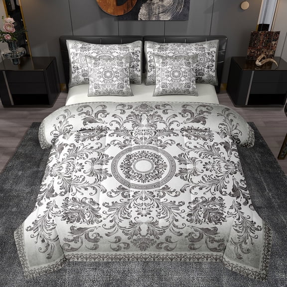 jejeloiu Ancient Boho Floral 7-Piece Bedding Comforter Set,Victorian Baroque Damask King Bedding Sets,White Gray Bed Sheets For Girl,Super Cozy Room Decor Reversible